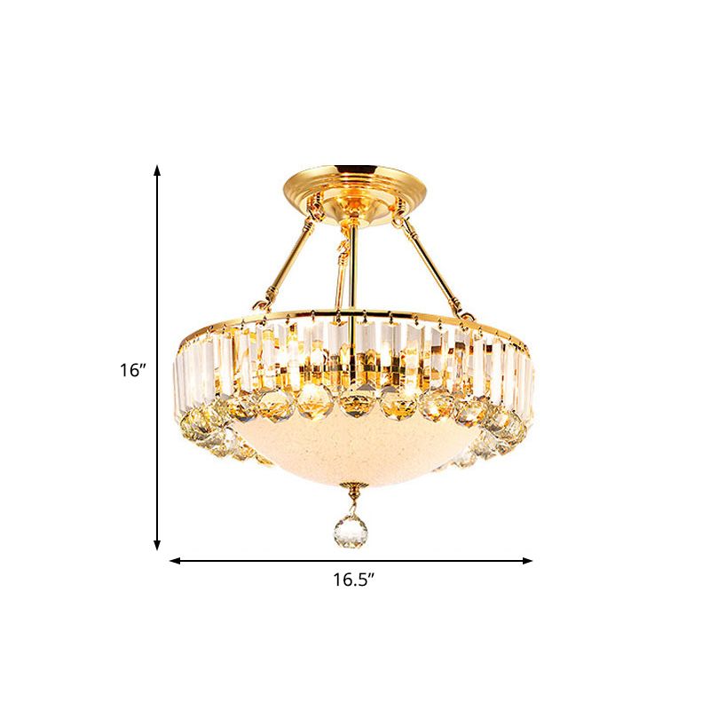 Drum Semi Mount Lighting Vintage Metal and Clear Crystal Ceiling Lighting with Milk Glass Diffuser in Gold