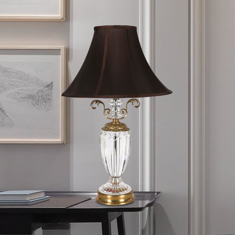 1 Light Bedroom Crystal Night Lamp Simple Black Nightstand Light with Conical Fabric Shade