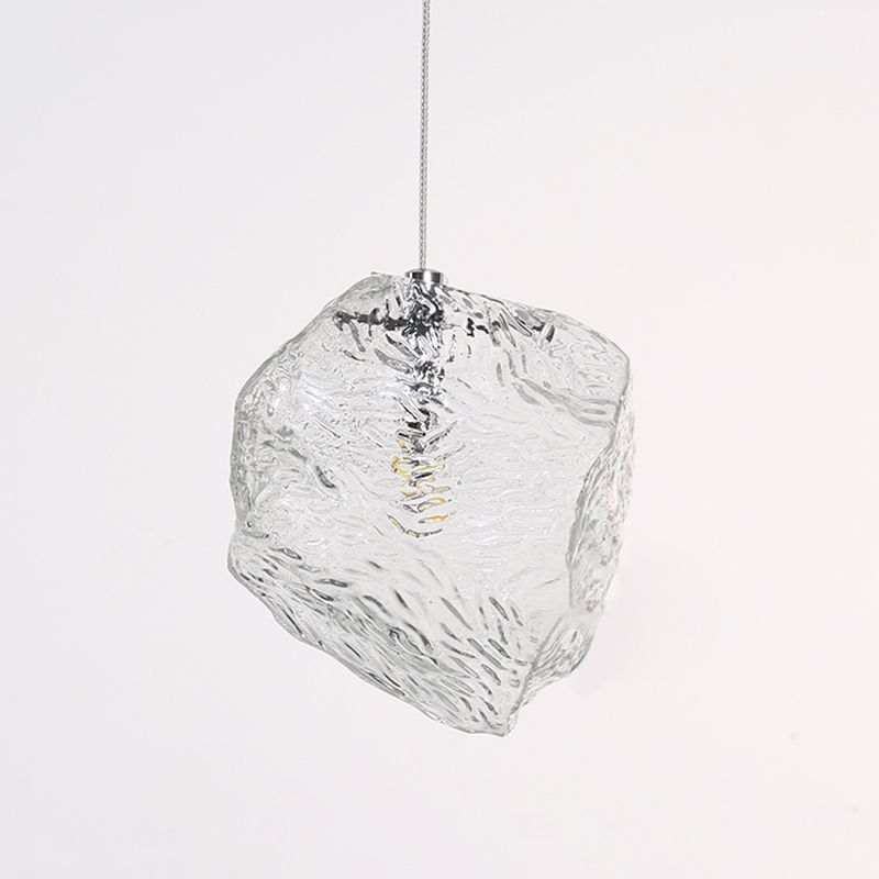 Icy Glass Stone Shaped Suspension Lamp Simplicity 1-Light Chrome Pendant for Dining Room