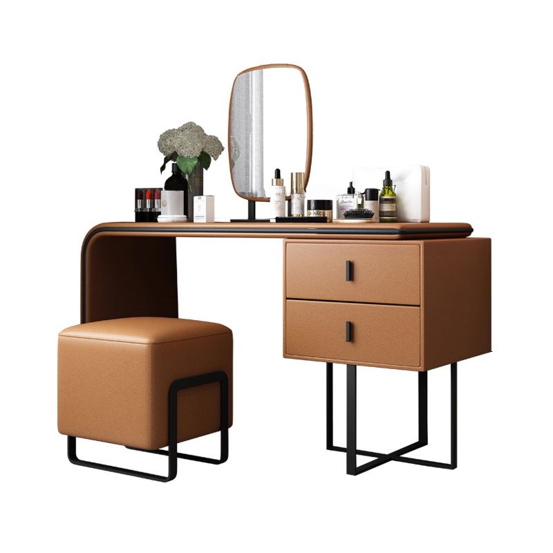 Vanity Mirrored Faux Leather Makeup Dressing Table Stool Set, 28.74"