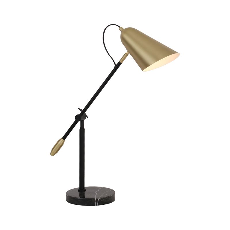 Lampe de table de nuit conique dorée, 1 lumière moderne en métal avec bras d'équilibre