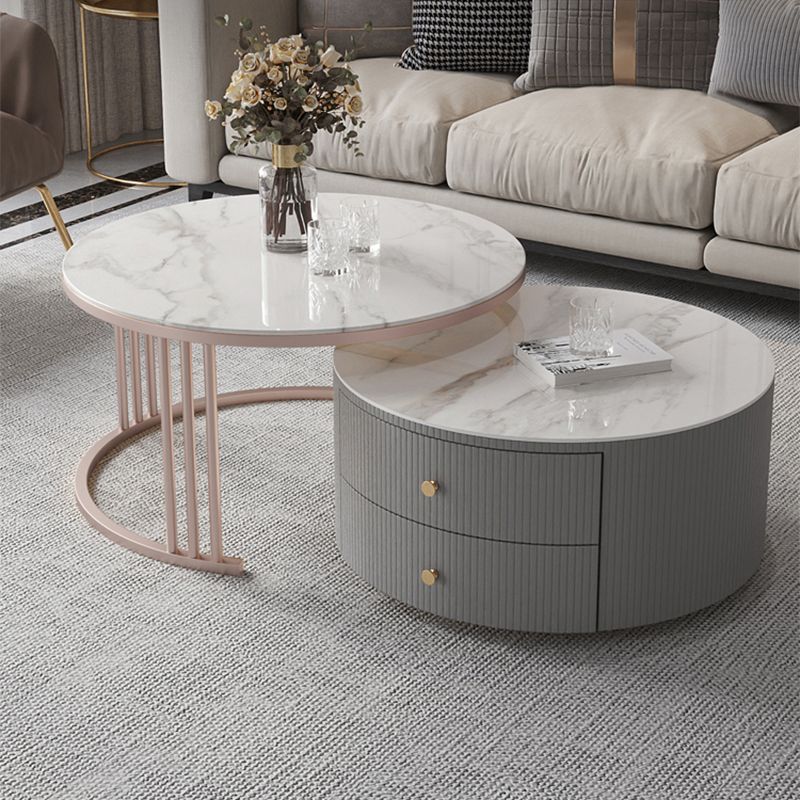 Modern Cocktail Table Round Glass / Slate Coffee Table with Storage