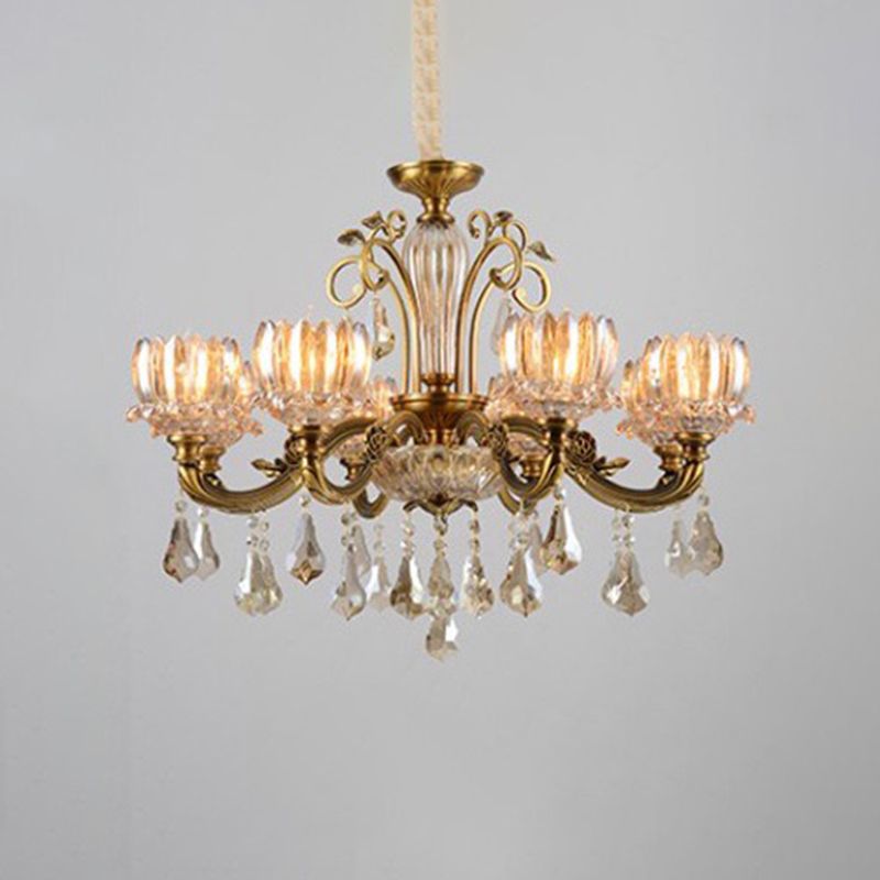 Geschnitzte Kristall hängend hängendes antikes Gold Finish Lotus Esszimmer Deckenkraut