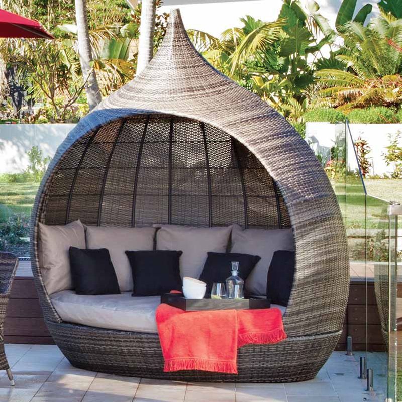 Tropical Grey Rattan Patio Daybed with Canopy Symmetrical Sofa