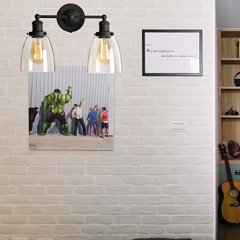 2-Light Tapered Sconce Light Industrial Black Clear Glass Wall Lamp with Plug-in Cord for Kitchen