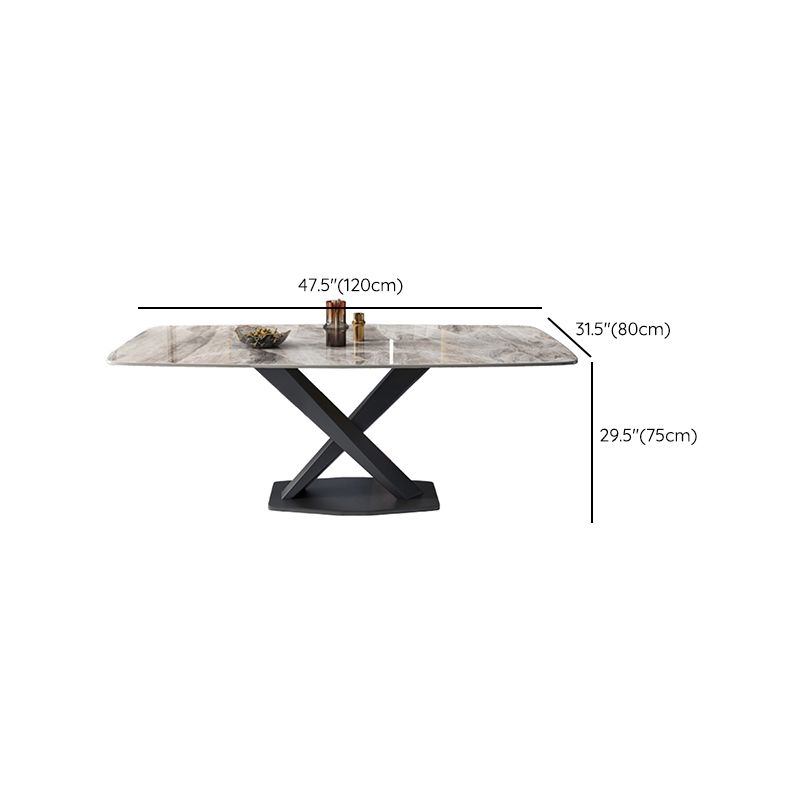 Modern Rectangular Grey Stone Top Dining Table with Black Pedestal Base