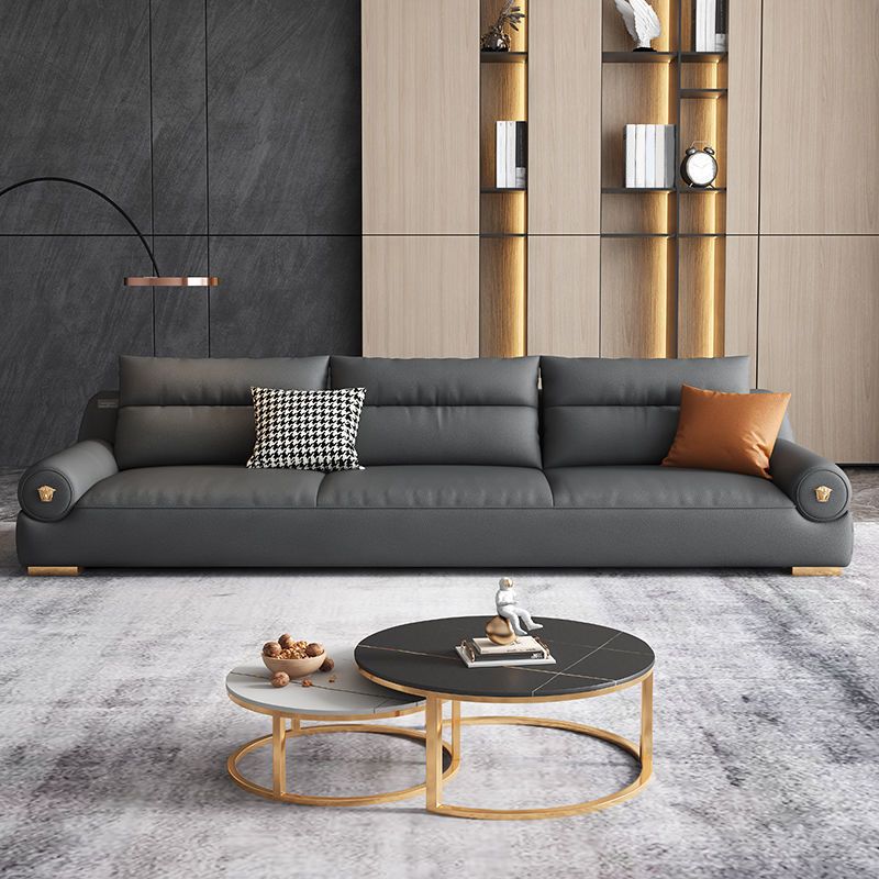 Stain Resistant Faux Leather Round Arm Sofa Standard Sofa with Sewn Pillow Back