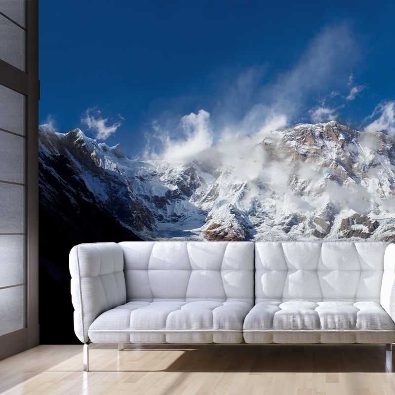 Non-Woven Stain Resistant Mural Modern Winter Rock Mountain Wall Art in Blue-White-Brown