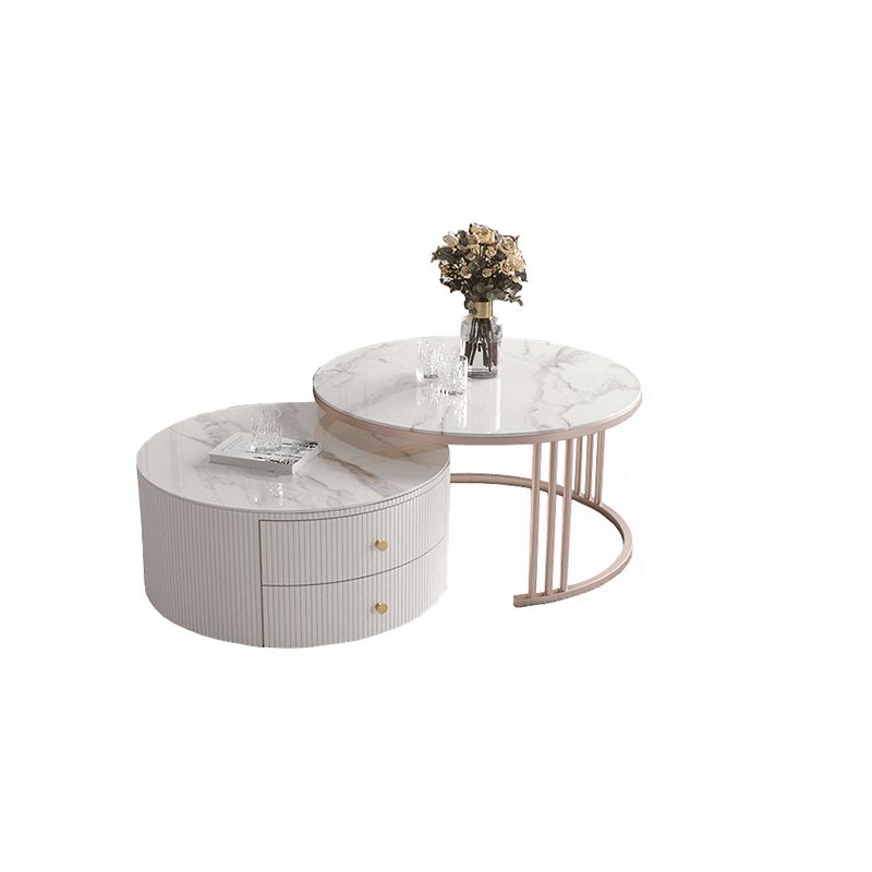 Glam Nesting Coffee Table Set Drum Round Slate Coffee Table with Drawers