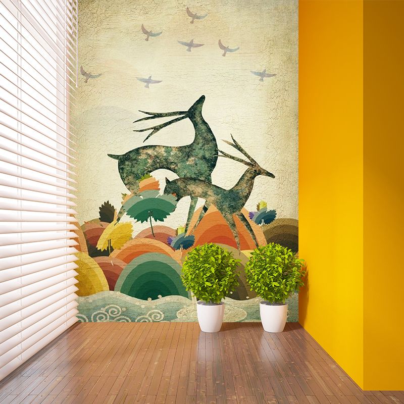 Wild Land Deers Wallpaper Murals Beige Scandinavian Wall Decoration for Living Room