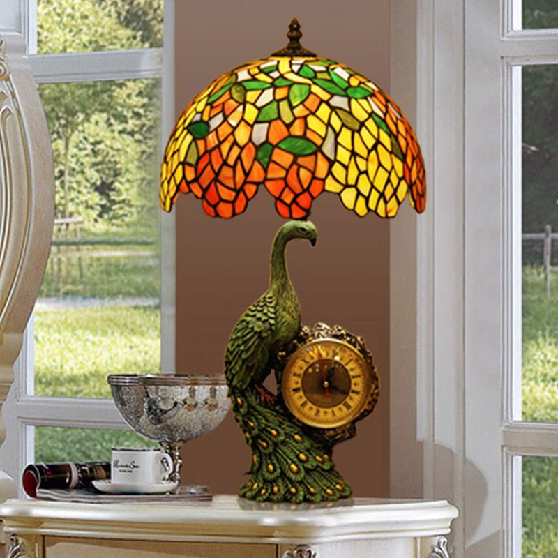 Lámpara de mesa de glicina de vidrieras de luz de 1 cabeza verde 1 cabeza con pavo real y reloj de reloj de pavo real y reloj