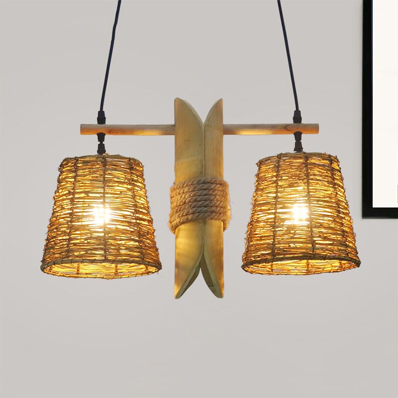 Bucket Rattan Shade Island Lighting Countryside 2 Bulbs Beige Pendant Light Fixture with Bamboo Design
