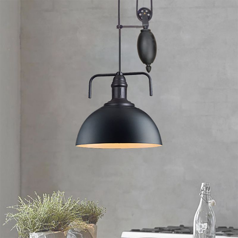 Schwarze Kuppel hängende Beleuchtungslagerstil 1 Licht Metallic Pendelleuchte mit Riemenscheibendesign, 8 "/12" breit