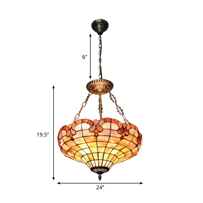 Traditional Tiffany Barn Suspension Light 3 Lights Shell Inverted Chandelier in Beige for Bedroom