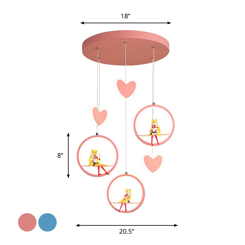 Kids 3 Lights Hanging Lamp with Acrylic Shade Pink/Blue Loving Heart and Ring Chandelier Lighting