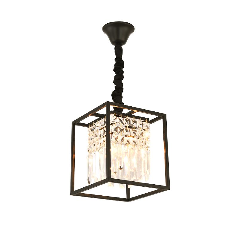 Cube Metal Cage Pendant Light Crystal Ceiling Light for Dining Room