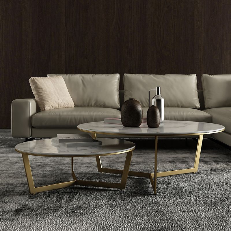 Glam White Frame Coffee Table Round Slate Top Cocktail Table