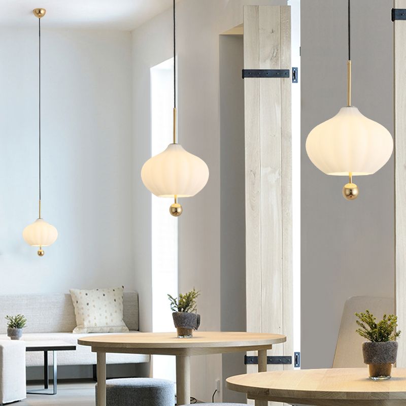 White Glass Pumpkin Suspension Light Modernist 1 Bulb Pendant Lamp with Brass Modo Deco