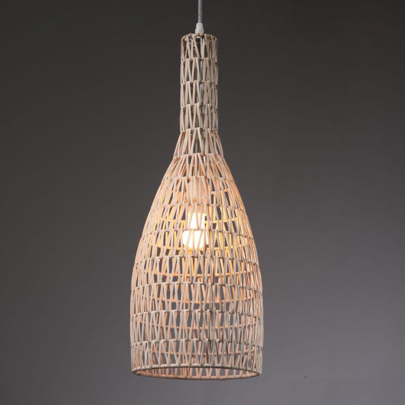 Khaki Woven Bottle Ceiling Hang Fixture Asian 1-Light Bamboo Rattan Hanging Pendant Lighting