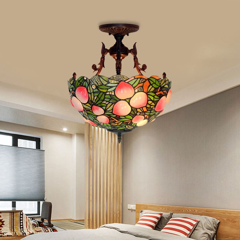 Lampada semifulina vittoriana a cupola a filotto a 3 teste in vetro verde/rosa vetrate/lampada a soffitto a soffitto a motivi per la camera da letto per camera da letto