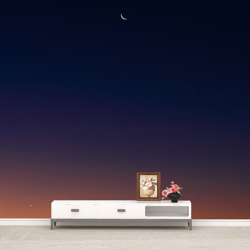 Orange-Blue Modern Style Mural Big Night Sky with Distant Crescent Wall Decor for Home
