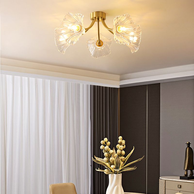 Glass Flower Shape Flush Mount Light Modern Multi Lights Flush Ceiling Light in Brass