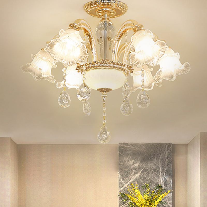 Hand-Cut K9 Crystal Flower Semi Flush Mid Century 6 Lights Bedroom Flush Ceiling Light Fixture in Gold