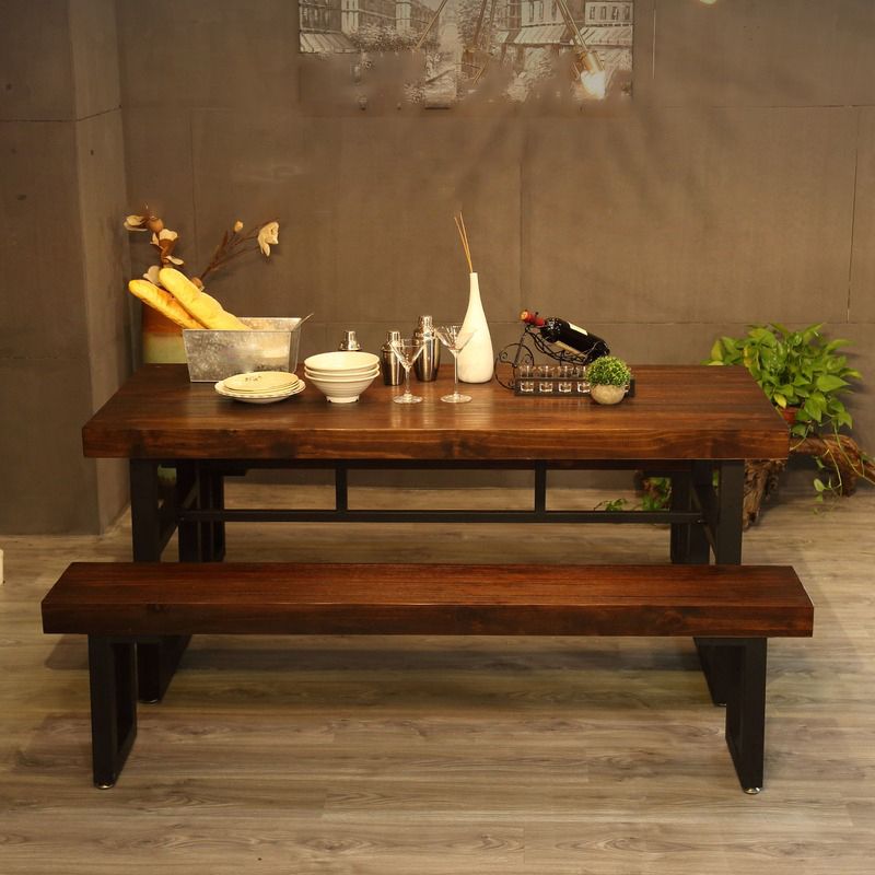 Industrial Dining Table Brown Solid Wood Dining Table with Trestle Base