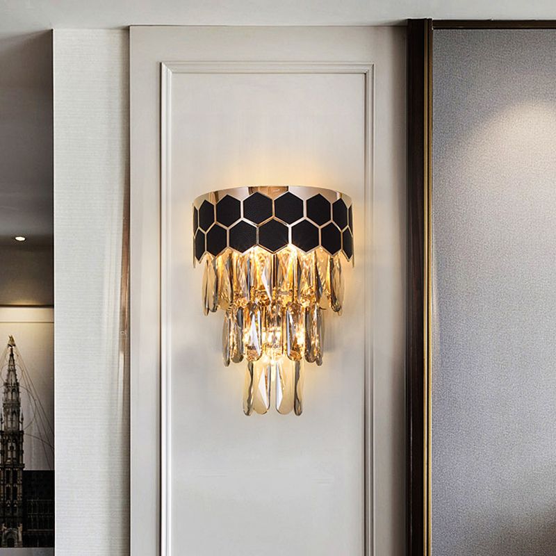 Black 4-Layer Sconce Light Fixture Modernist Beveled Crystal Prism 1 Light Indoor Wall Lamp