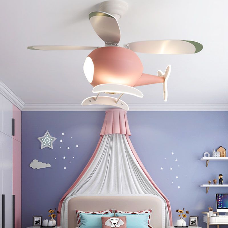 Kids Artistic LED Fan Light Wrought Iron Airplane Pendant Light with Acrylic Shade