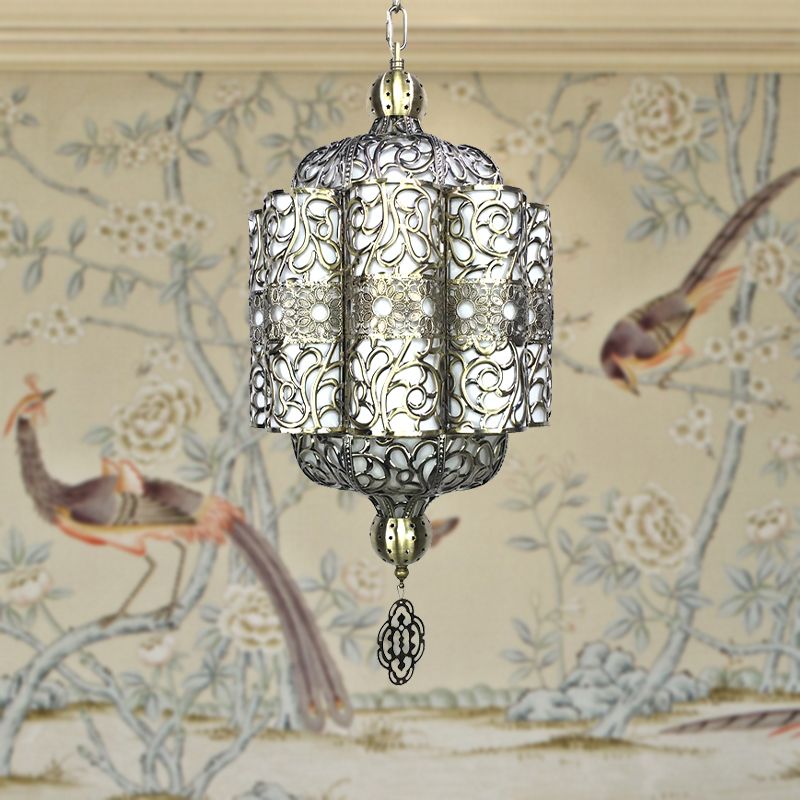 Antiqued Lantern Hanging Light Kit 4 Heads Metal Chandelier Lamp in Black with White Acrylic Shade