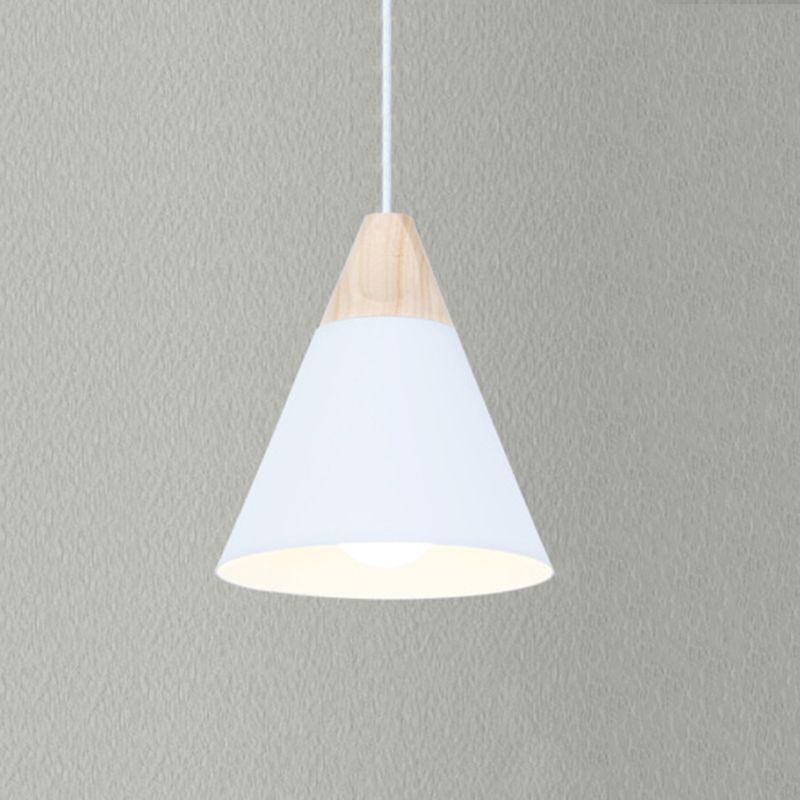 Nordic Simple Style Pendant Light, Macaron Color Conical Shade Hanging Light with Wooden Top