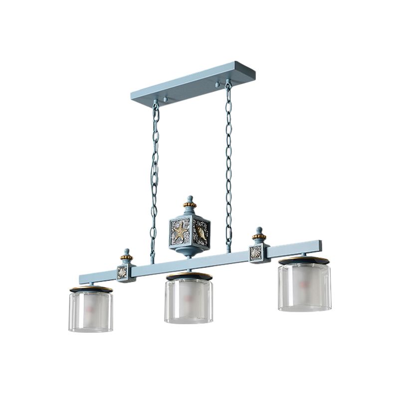 Dual Cylinder Parlor Island Lighting Clear and Frosted Glass 3 Bulbs Simple Pendant Lamp in Sky/Light Blue