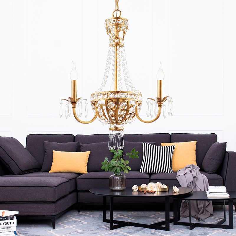 Candle Crystal Chandelier Lamp Country 3 Lights Dining Room Pendant Lighting in Gold