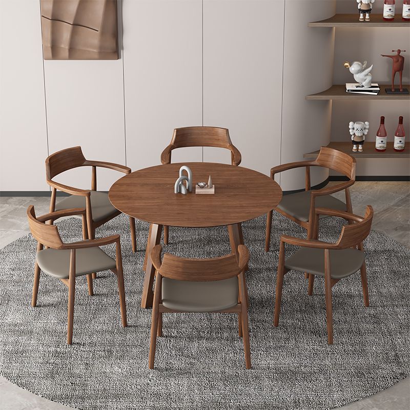 Round Contemporary Fixed Solid Wood Dining Room Table with Solid Wood Legs Kitchen Dining Set