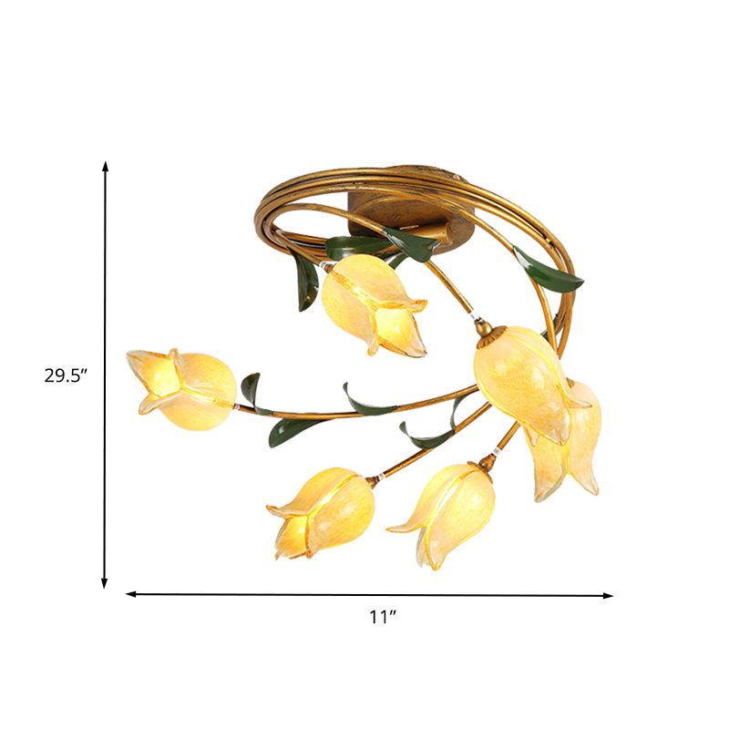 6 bombillas Luz de techo de tulipán Pastoral Metal LED Semi Flush Mounting en latón para sala de estar