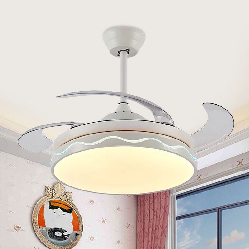 Wit ronde hangende ventilatorlamp Noordelijke stijl Acryl Acryl Woonkamer LED 4 Blades Semi Flush Mount, Remote/Wall Control/Frequency Conversion and Remote Control, 42 "Wide