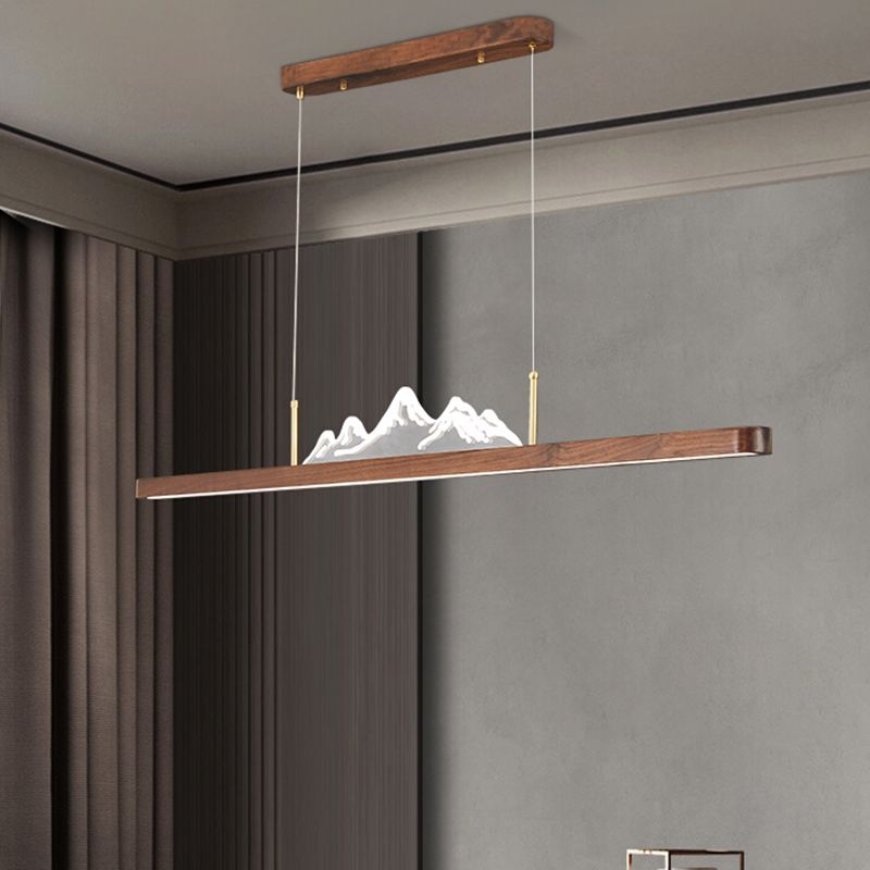 Modern Wood Ceiling Light Linear Shape Island Light with Plastic Shade for Living Room
