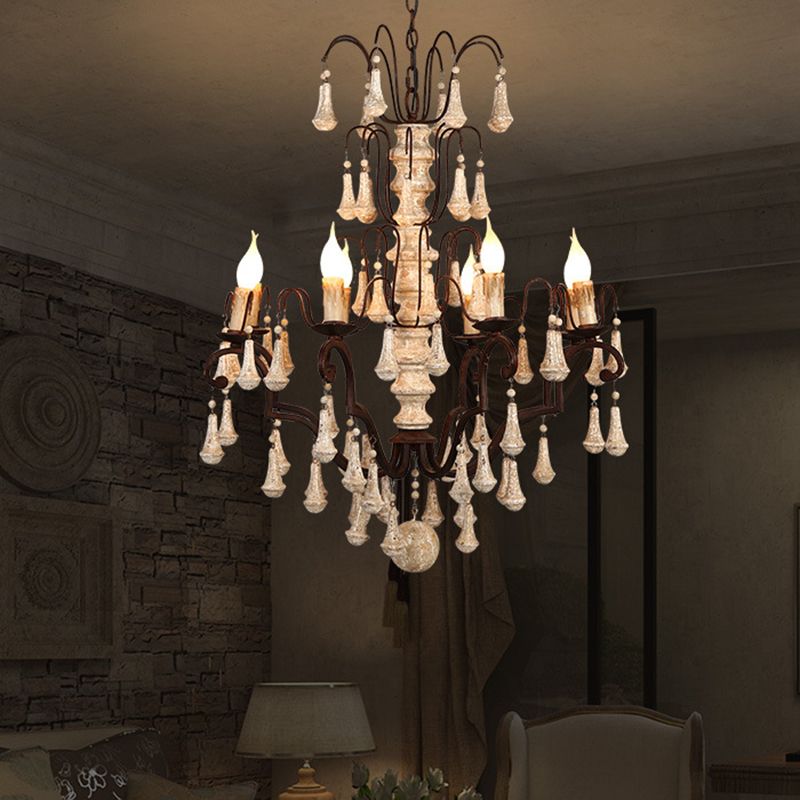Lustre de pendentif à plusieurs niveaux ivoire traditionnel en bois 8 têtes salon suspendu plafonnier plafond
