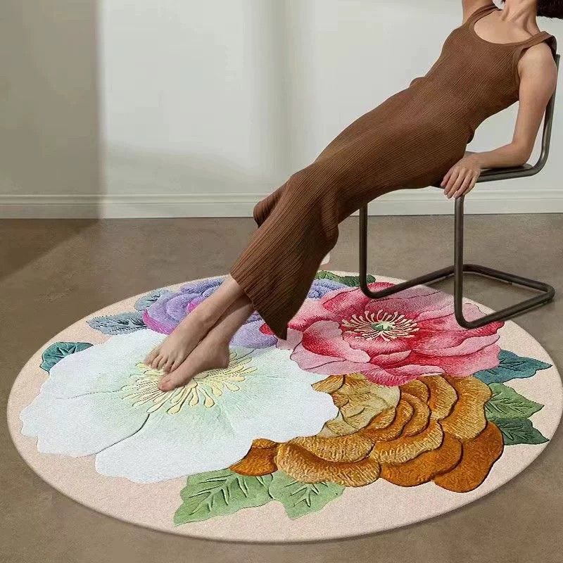 Round Floral Print Rug Casual Polyester Carpet Stain Resistant Area Carpet for Living Room