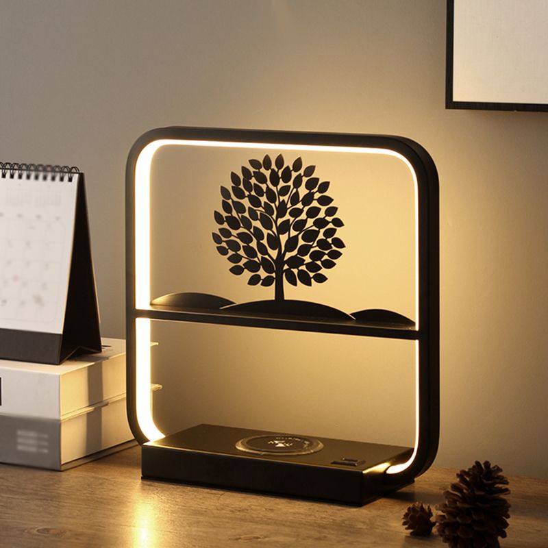 Art Decor Rectangular Night Table Lamp Bedside Black LED Wireless Charger with USB Port