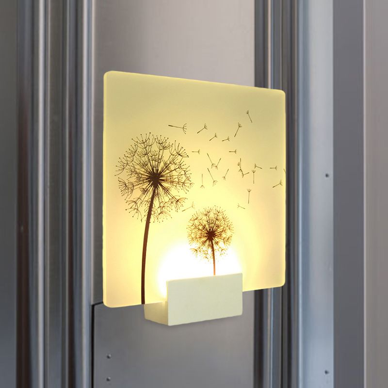 Chinese Square Acrylic Wall Mural Lamp LED Wall Mount Light Fixture in White with Dandelion Pattern