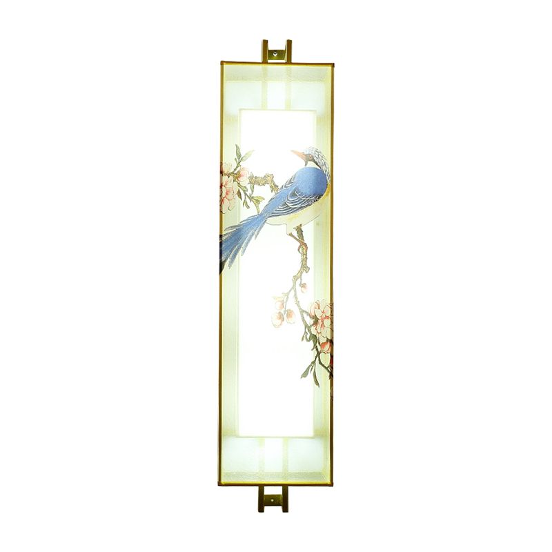 Rectangle doré oiseau et branche murale lampe chinoise LED Tissu mural d'éclairage mural
