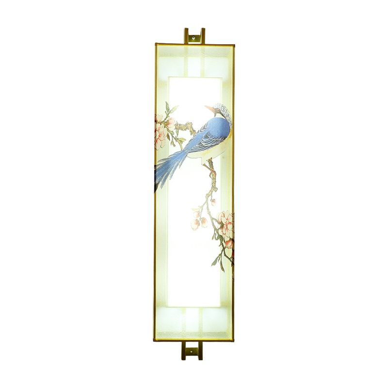 Gold Rectangle Bird and Branch Mural Lamp Chinese Style LED Fabric Wall Mounted Lighting