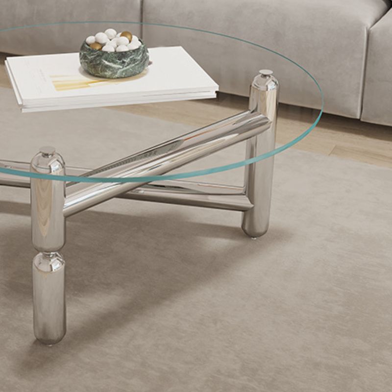 Modern Round Glass Coffee Table Stainless Steel 3 Legs Cocktail Table
