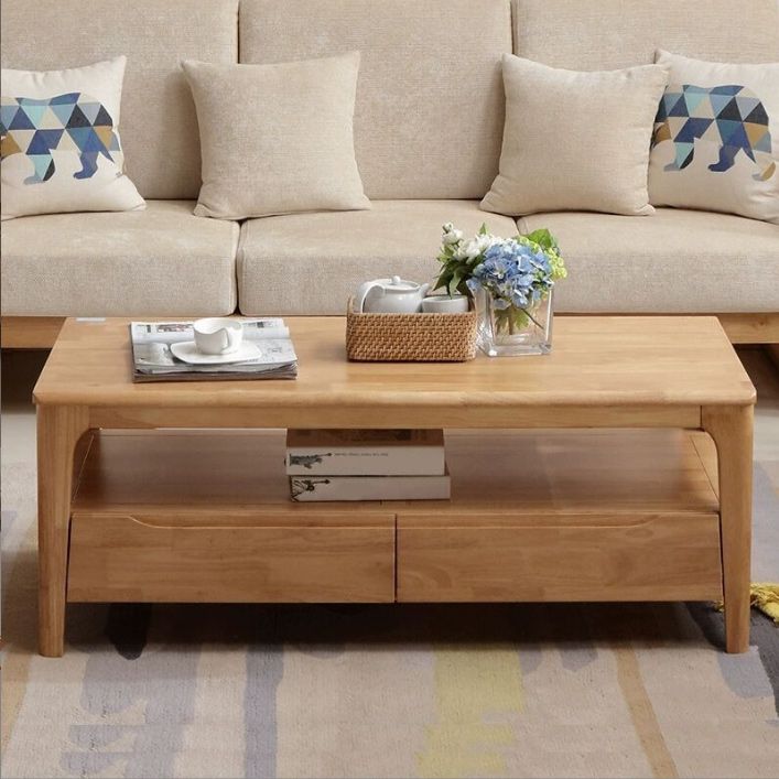 Nordic Solid Wood Coffee Table 4-Drawer 1-Shelf Cocktail Table