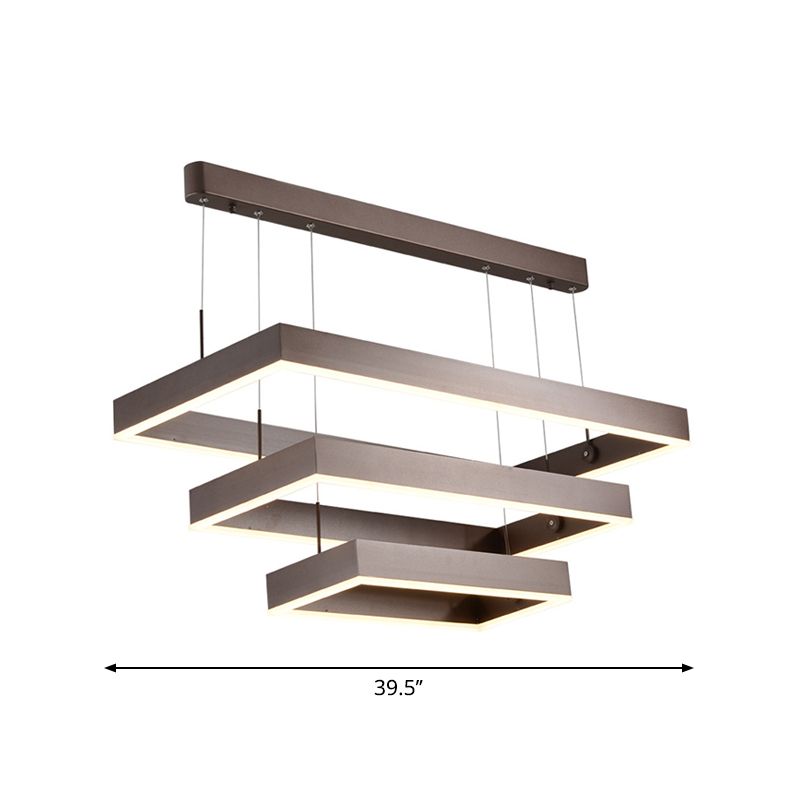 Simplicity Layered Tapered Chandelier Metal Living Room Rectangle LED Pendant Lamp in Brown, Small/Large