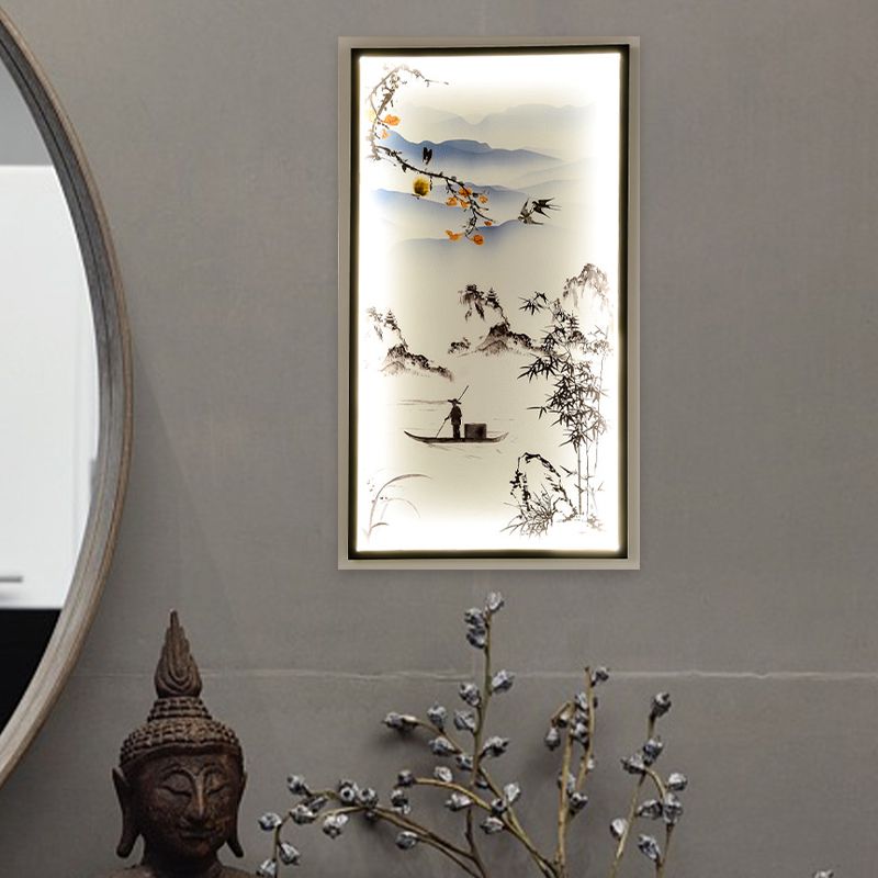 Fabric Boat Ride Mural Lighting Asian Black LED Wall Mounted Lamp for Living Room