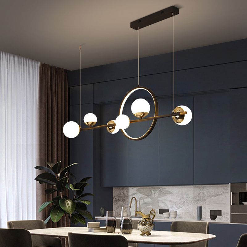 Modern Kitchen Island Fixture 6 - Head Metal and Glass Ceiling Pendant Lighting in Black