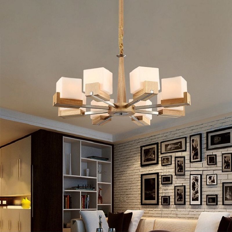 Wooden Sputnik Pendant Light in Modern Minimalist Style Frosted Glass Hanging Lamp for Dining Room